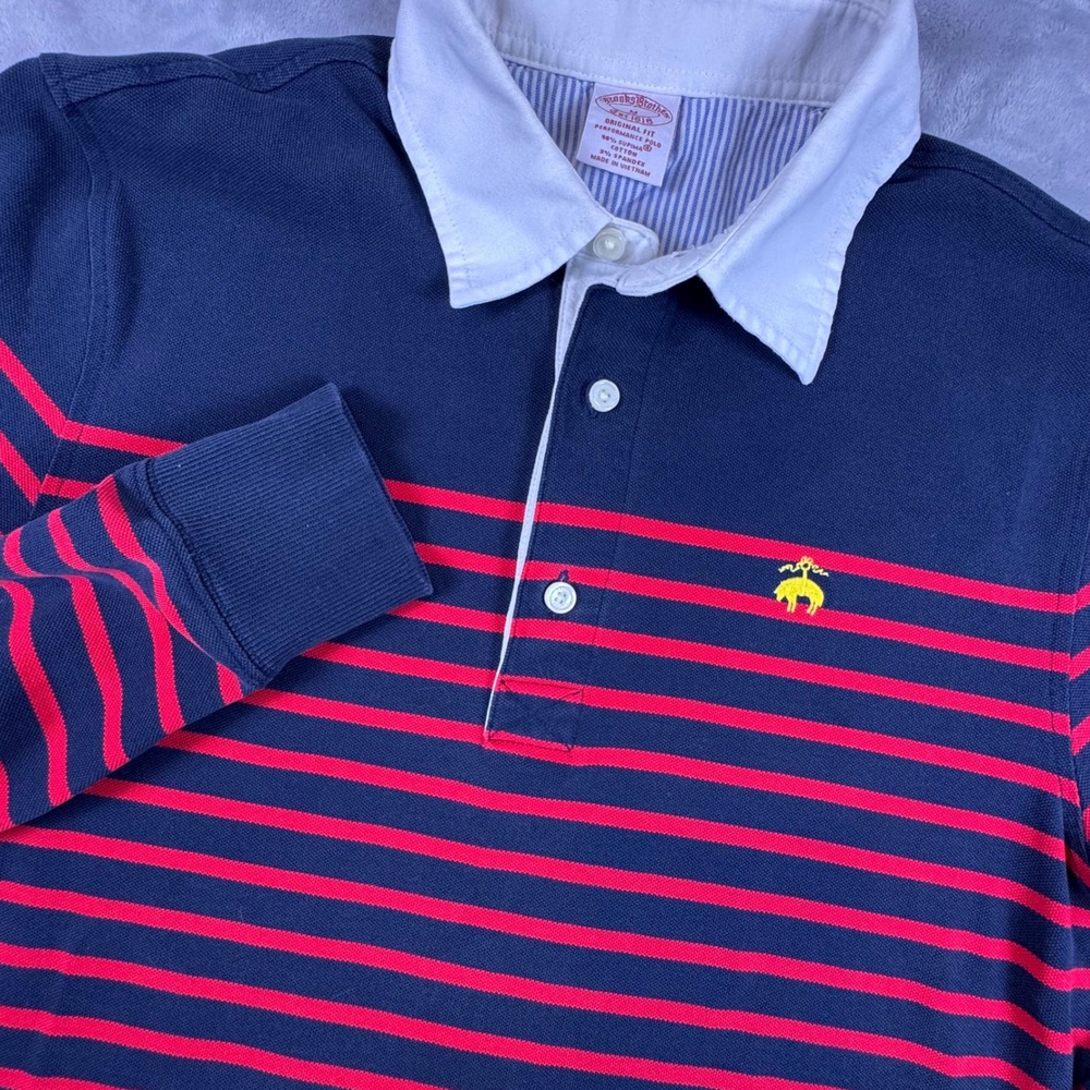 Brooks Brothers Mens M Navy Red Striped Long Sleeve Rugby Polo Shirt Supima